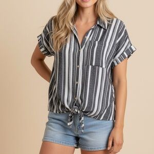 Ellen Tracy tie front LINEN Shirt top Large Blue White marines Stripes beach